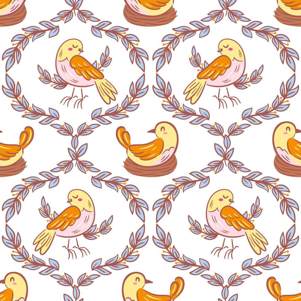 vintage illustration featuring birds nestled in a cozy nest among tree branches, beautifully intertwined with a seamless damask pattern. The design evokes a sense of elegance and nature s tranquility. vector
