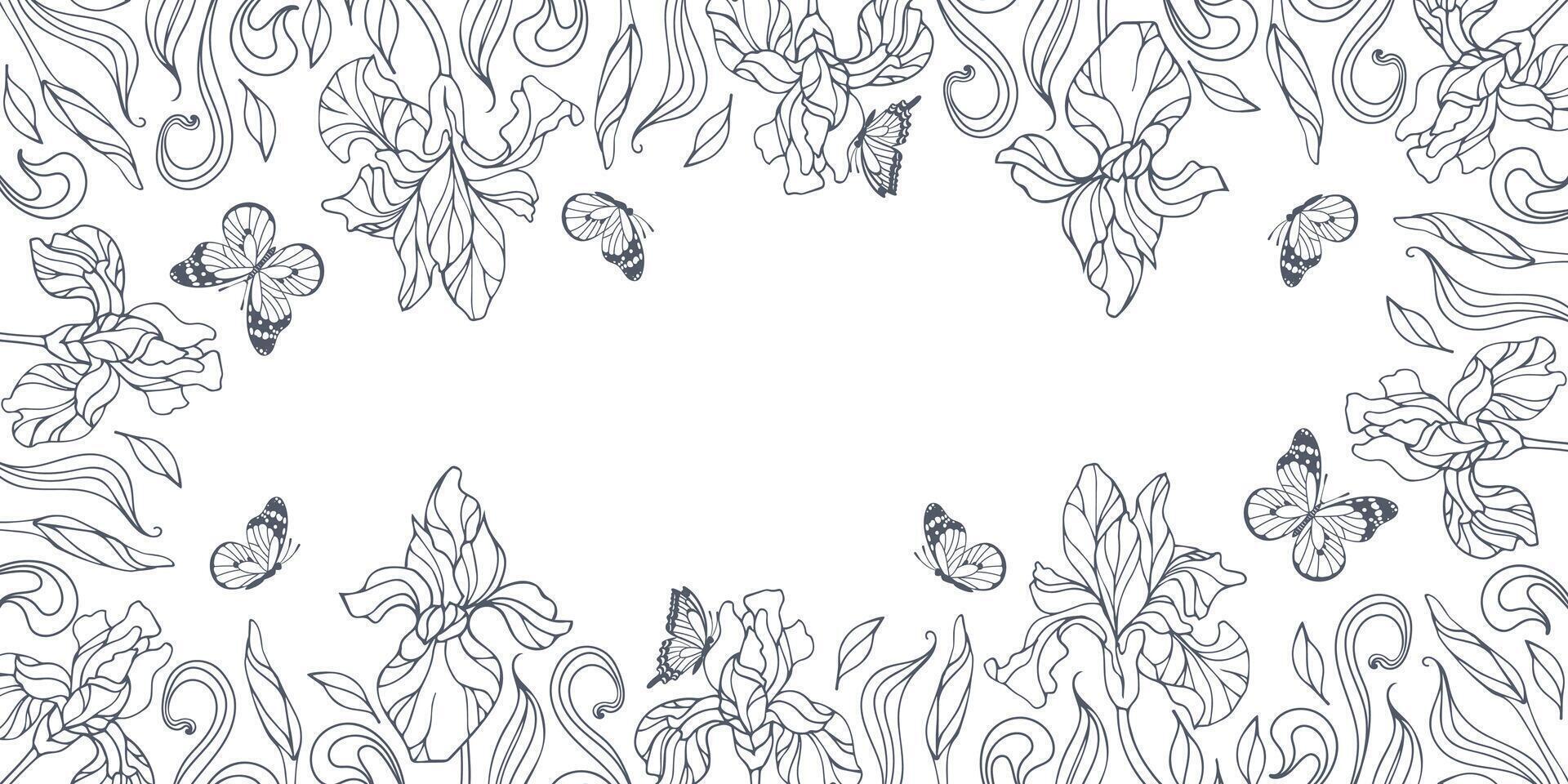 This horizontal background features a delicate rectangular frame adorned with intricate contour florals of irises and charming butterflies, creating a harmonious blend of nature and elegance vector
