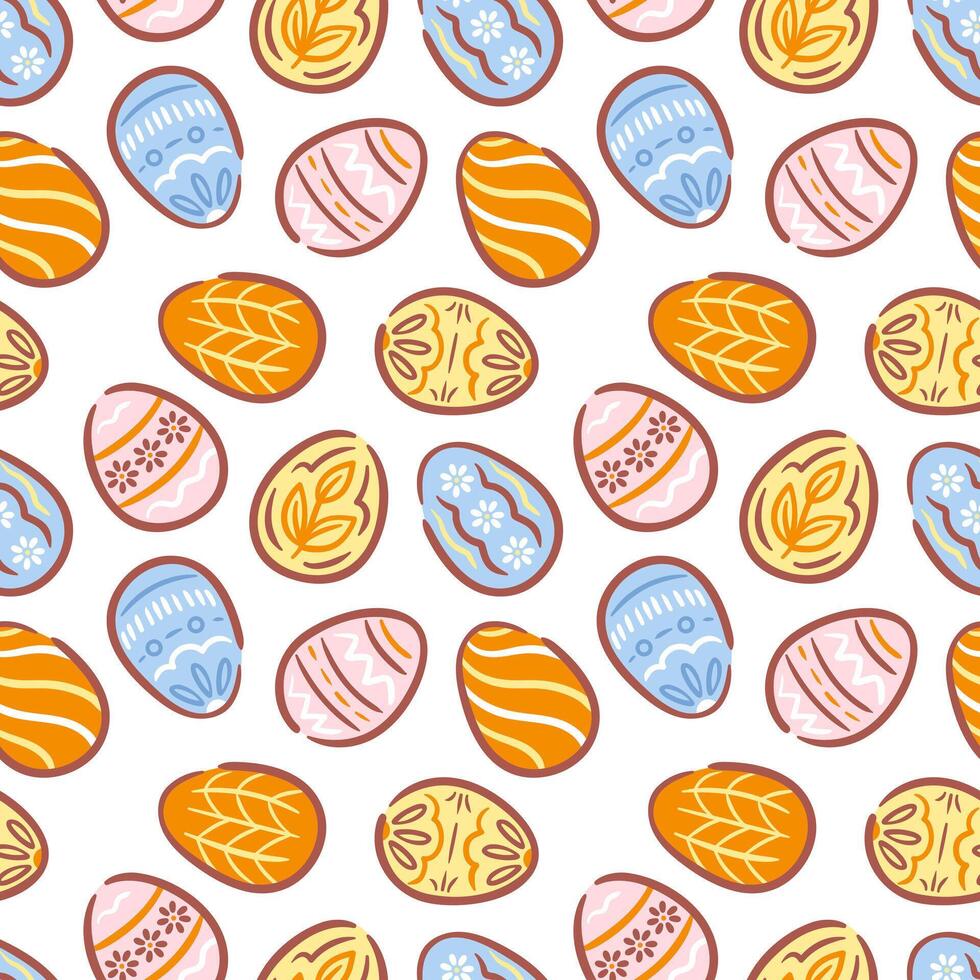 This seamless pattern showcases Easter eggs, each adorned with distinct hand drawn designs in a variety of colors and patterns. Ideal for adding a playful element to projects themed around spring. vector