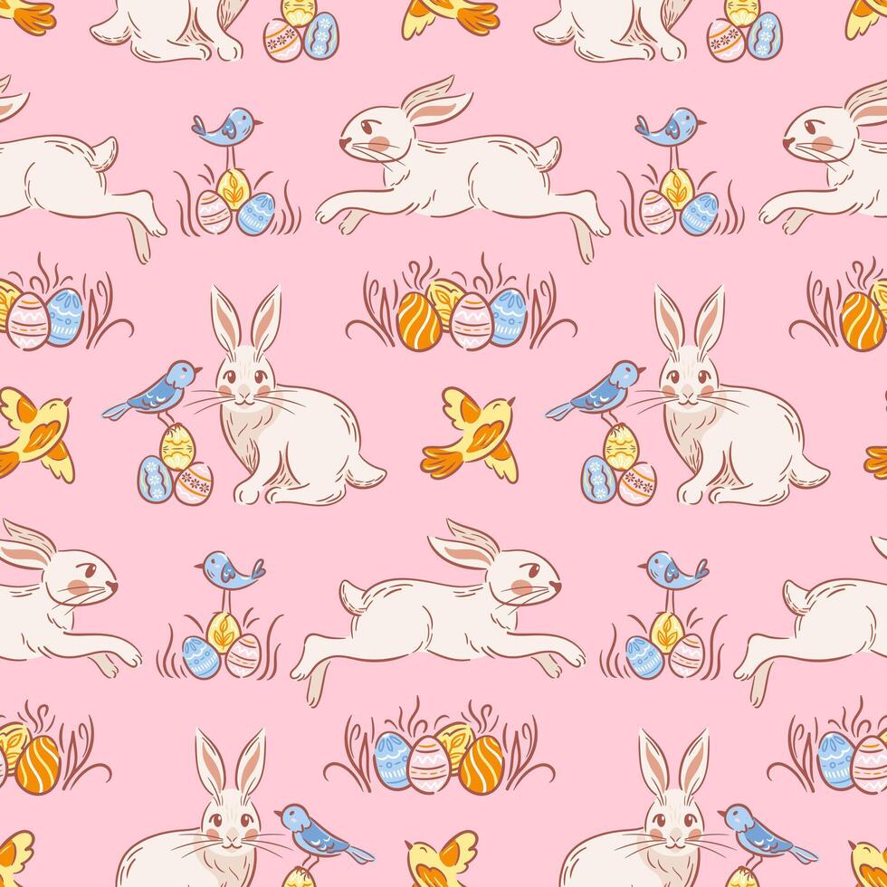 This seamless pattern highlights playful Easter bunnies, joyful birds, and intricately designed eggs, all depicted in a delightful sketch vector