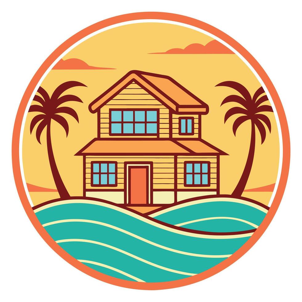 Beachfront Getaway Vibrant Sunset Coastal Home Circular Illustration vector