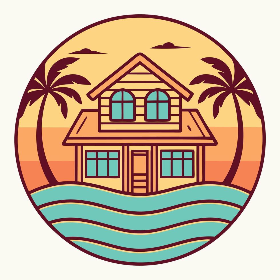 Sunset Beachside Retreat Vibrant Coastal Home Circular Illustration vector