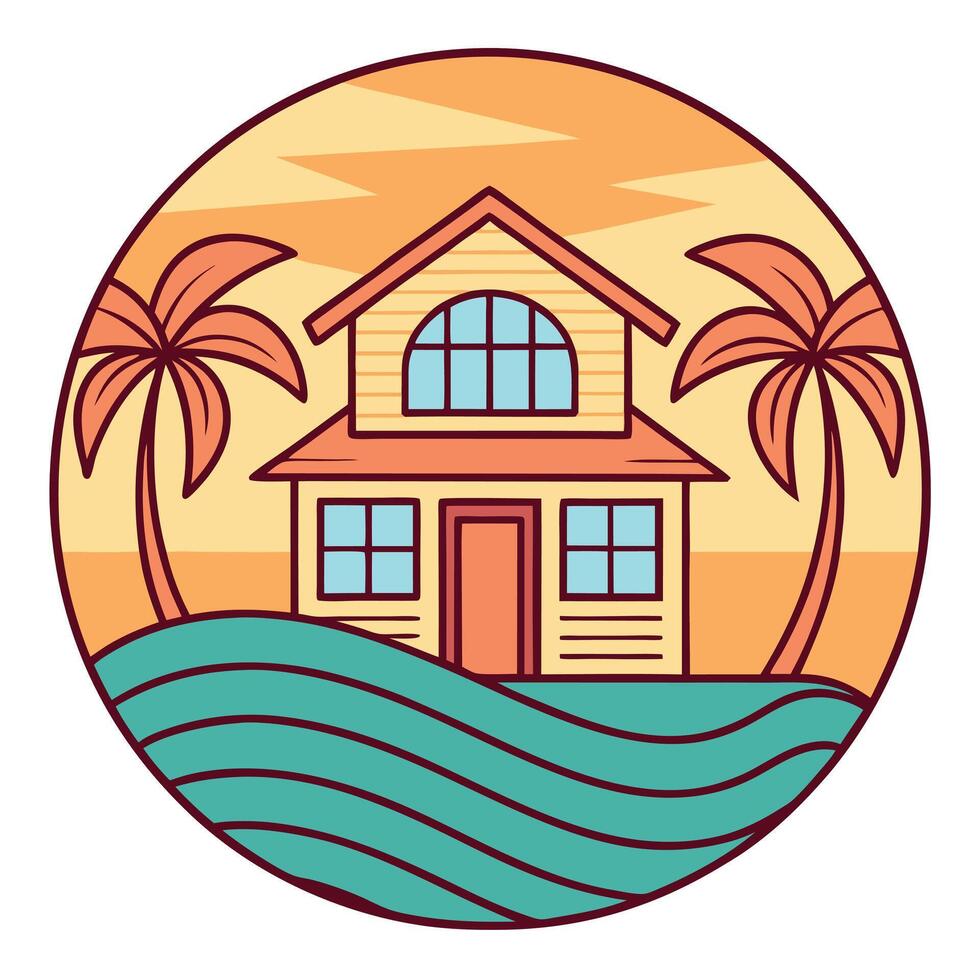 Vibrant Beach House at Sunset Circular Scenic Coastal Retreat Illustration vector