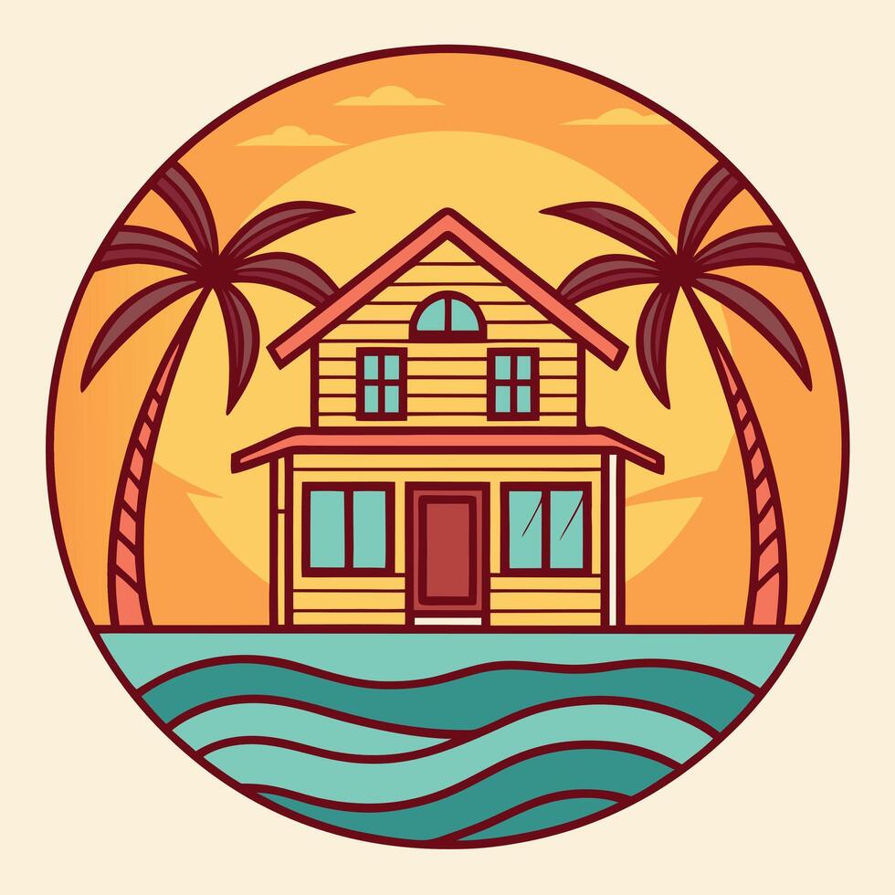Scenic Sunset Beach Home Circular Vibrant Illustration of a Coastal Retreat vector