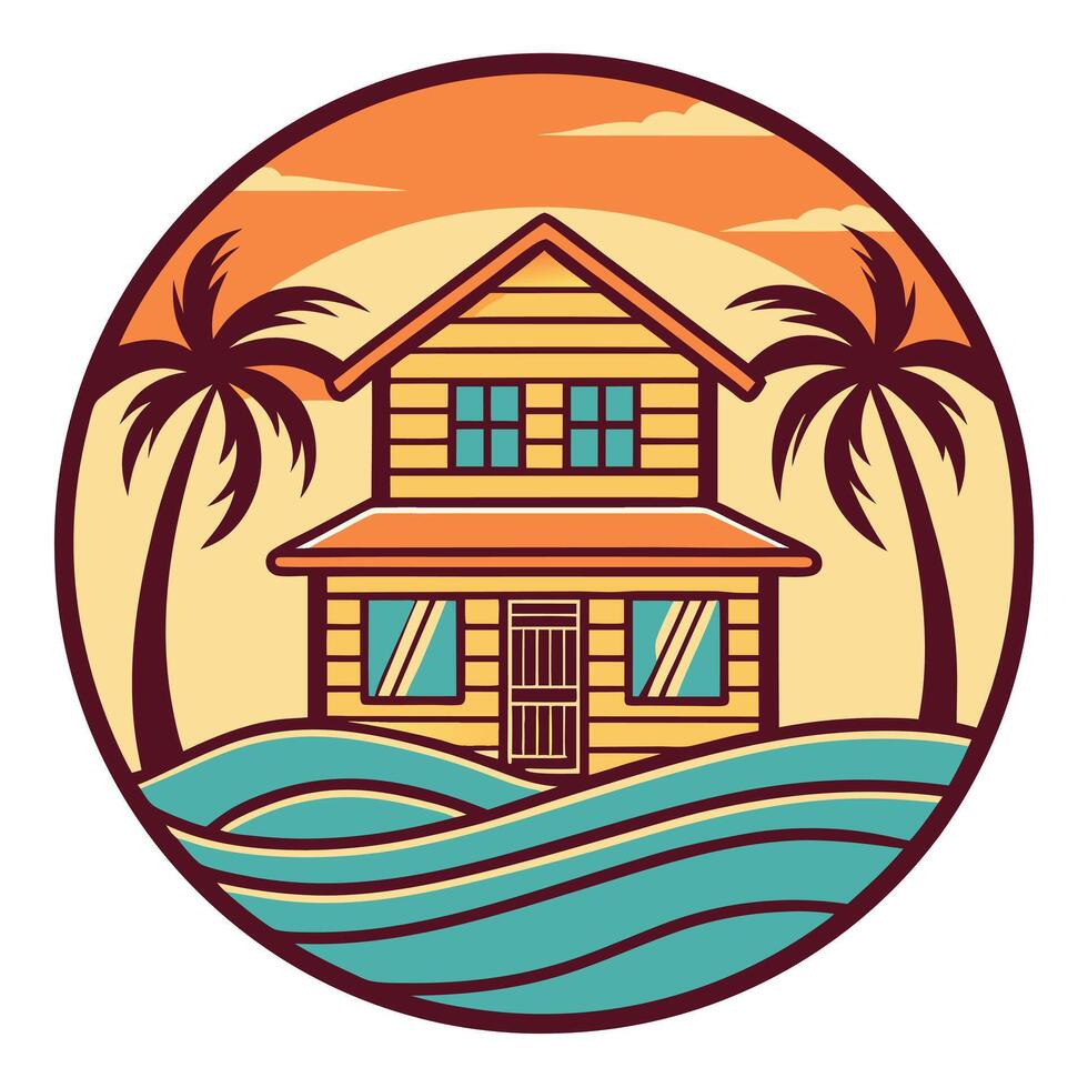 Vibrant Sunset Beach House Coastal Retreat in Circular Illustration vector