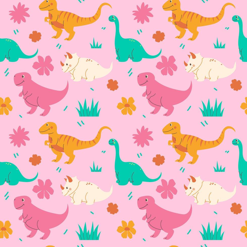 Seamless pattern with cute dinosaurs on a pink background vector