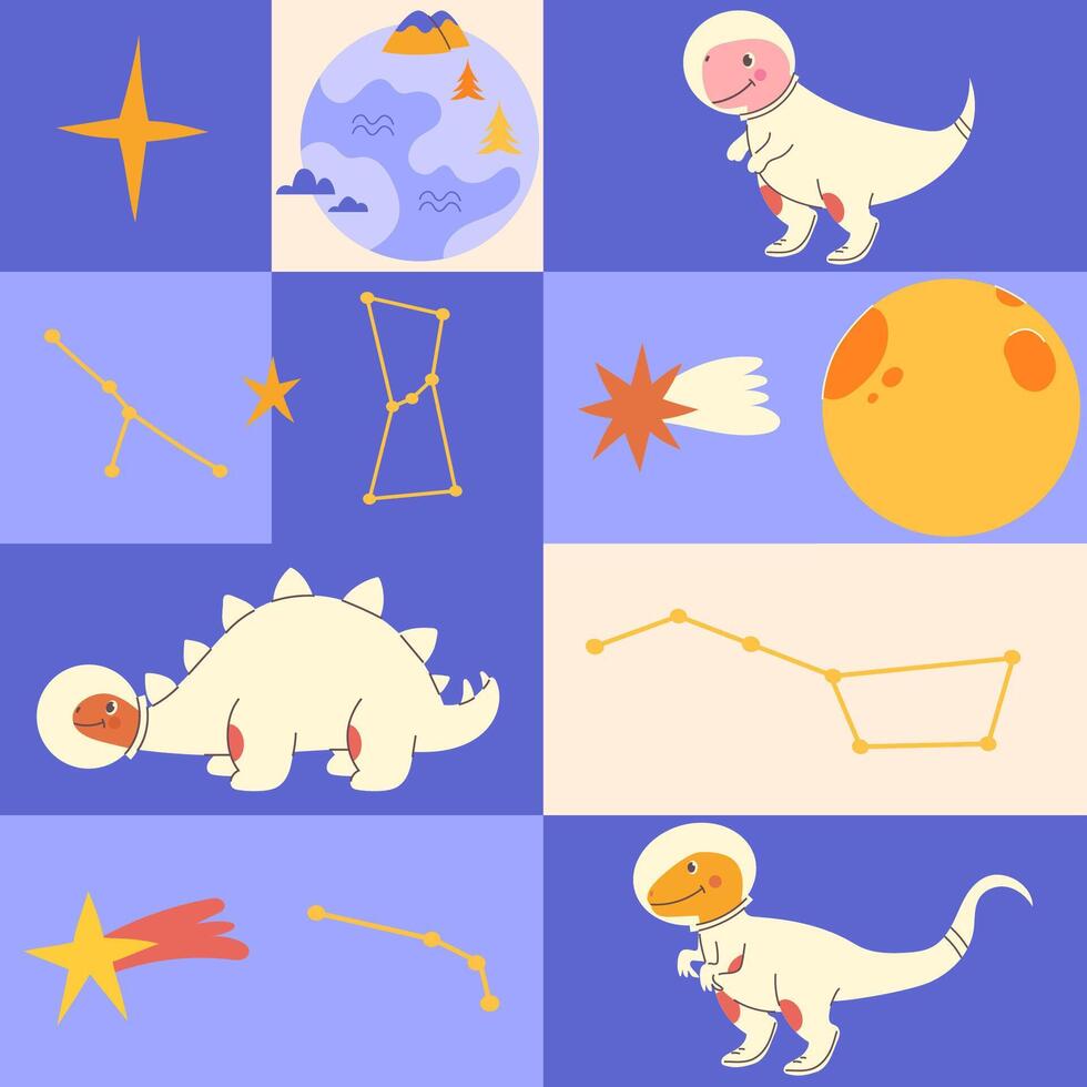 Geometric background with cute dinosaurs cosmonauts vector