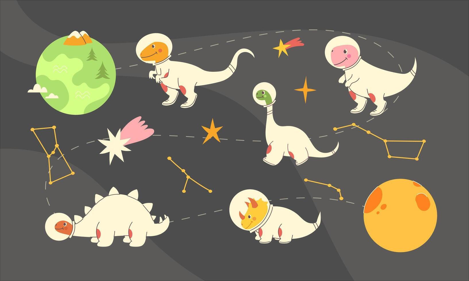 Space set with cute hand drawn dinosaur astronauts in spacesuit among the stars vector