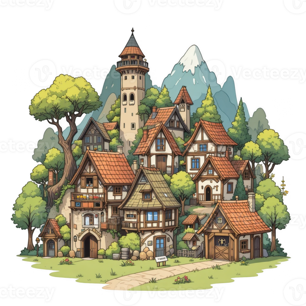 charming medieval village with tall tower, surrounded by lush trees and mountains, evokes sense of nostalgia and tranquility. quaint houses with red roofs and stone walls create picturesque scene png