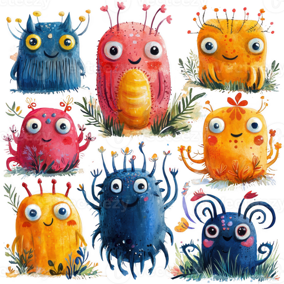 Colorful cartoon monsters with various expressions and features, surrounded by plants png