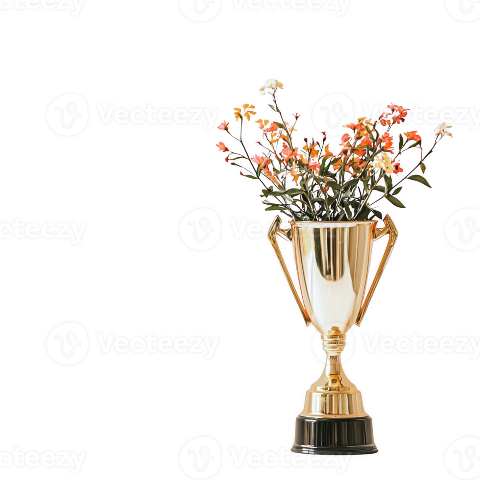 golden trophy filled with vibrant flowers stands elegantly, symbolizing victory and celebration. combination of shiny trophy and colorful blooms creates unique and artistic display png