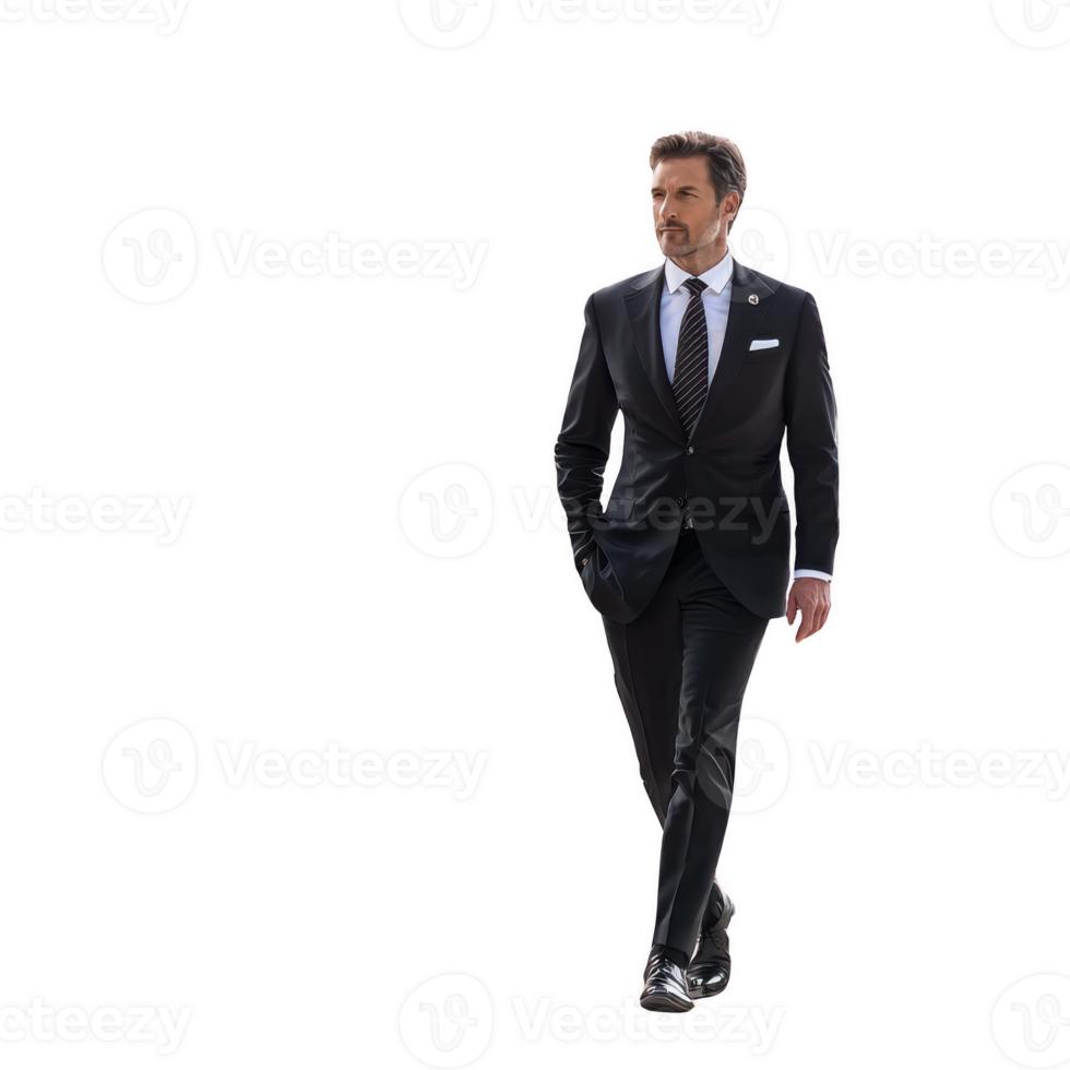 confident man formal suit walks forward, exuding professionalism and style. suit is dark, paired with white shirt and tie, reflecting business or formal setting. His expression is focused and png