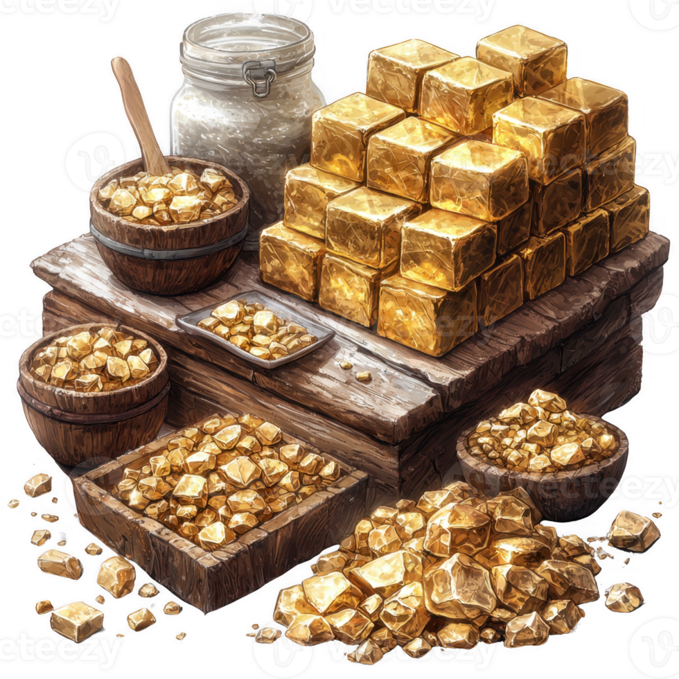 rustic wooden table displays assortment of gold nuggets and bars, with jar of rice in background, creating contrast between wealth and simplicity png