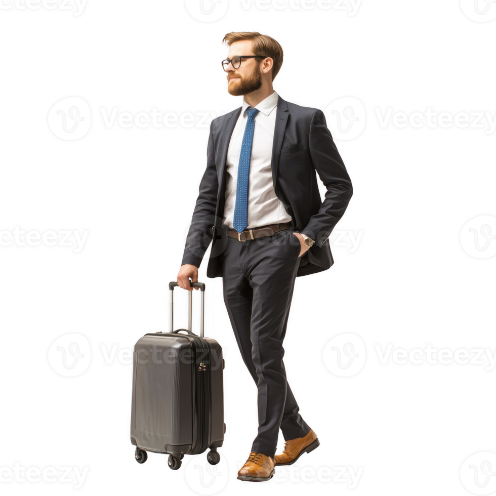 confident businessman in suit walks with suitcase, exuding professionalism png