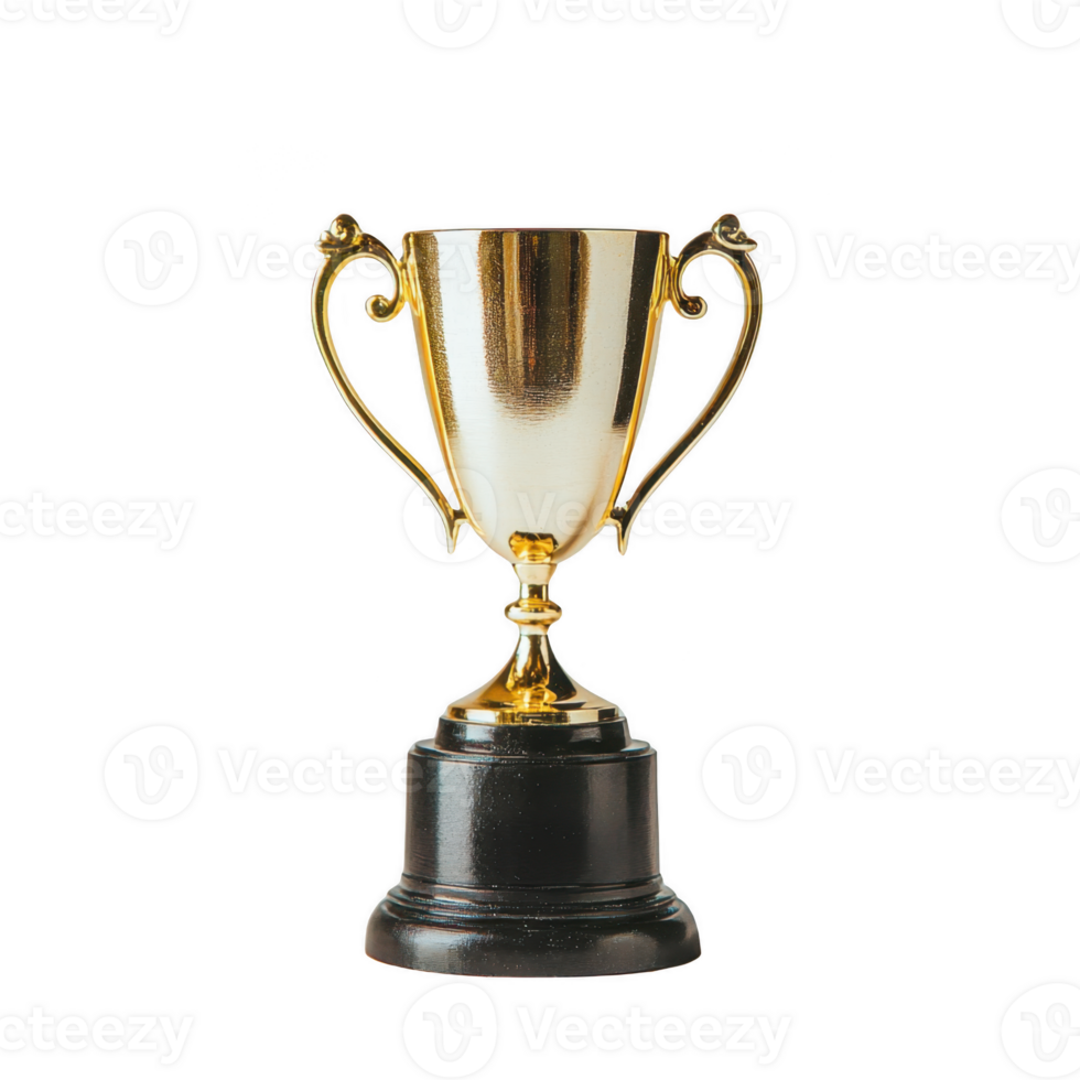 shiny gold trophy with ornate handles sits atop black base, symbolizing achievement and success. trophy reflective surface gleams, highlighting its significance as prize or award png