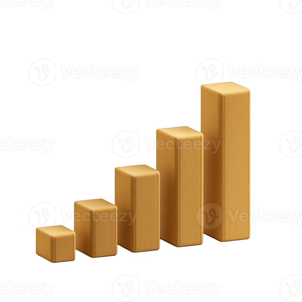 3D bar graph with five ascending orange bars representing data growth or progress. bars are arranged from shortest to tallest, illustrating upward trend in simple, clear design png