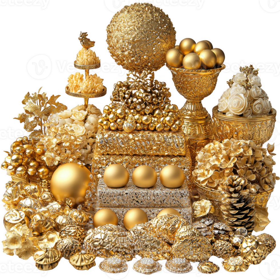 lavish display of golden decorative items, including ornate spheres, floral arrangements, and intricate designs, exuding opulence and luxury. collection features variety of textures and patterns png
