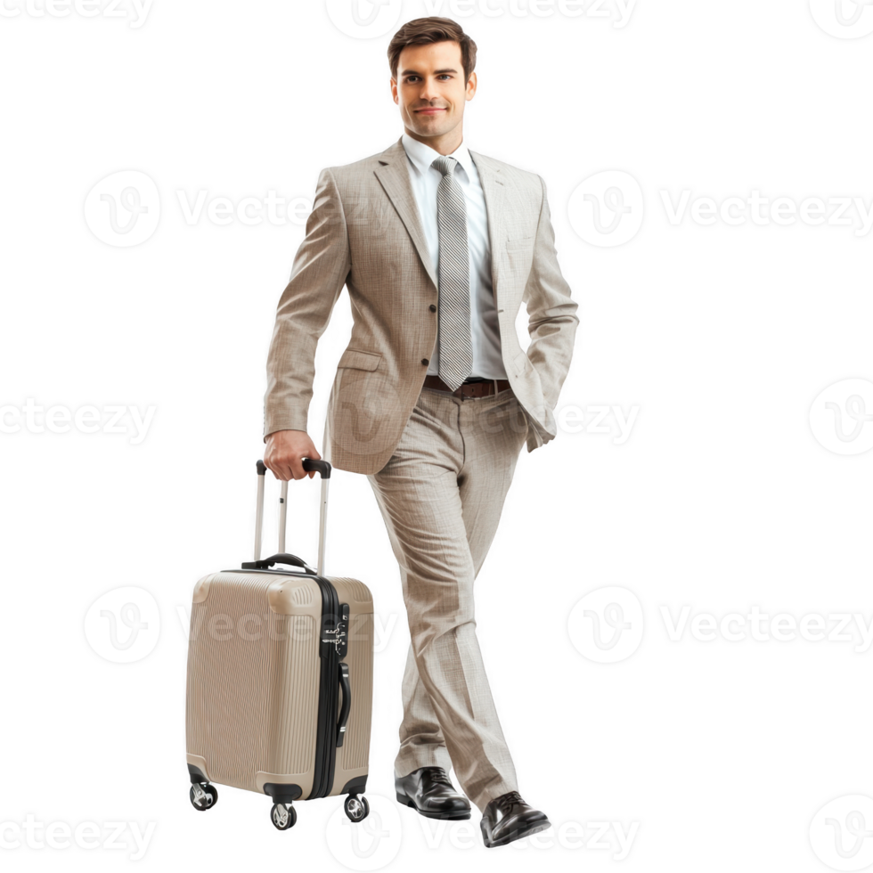 confident man in beige suit stands with suitcase, ready for travel png