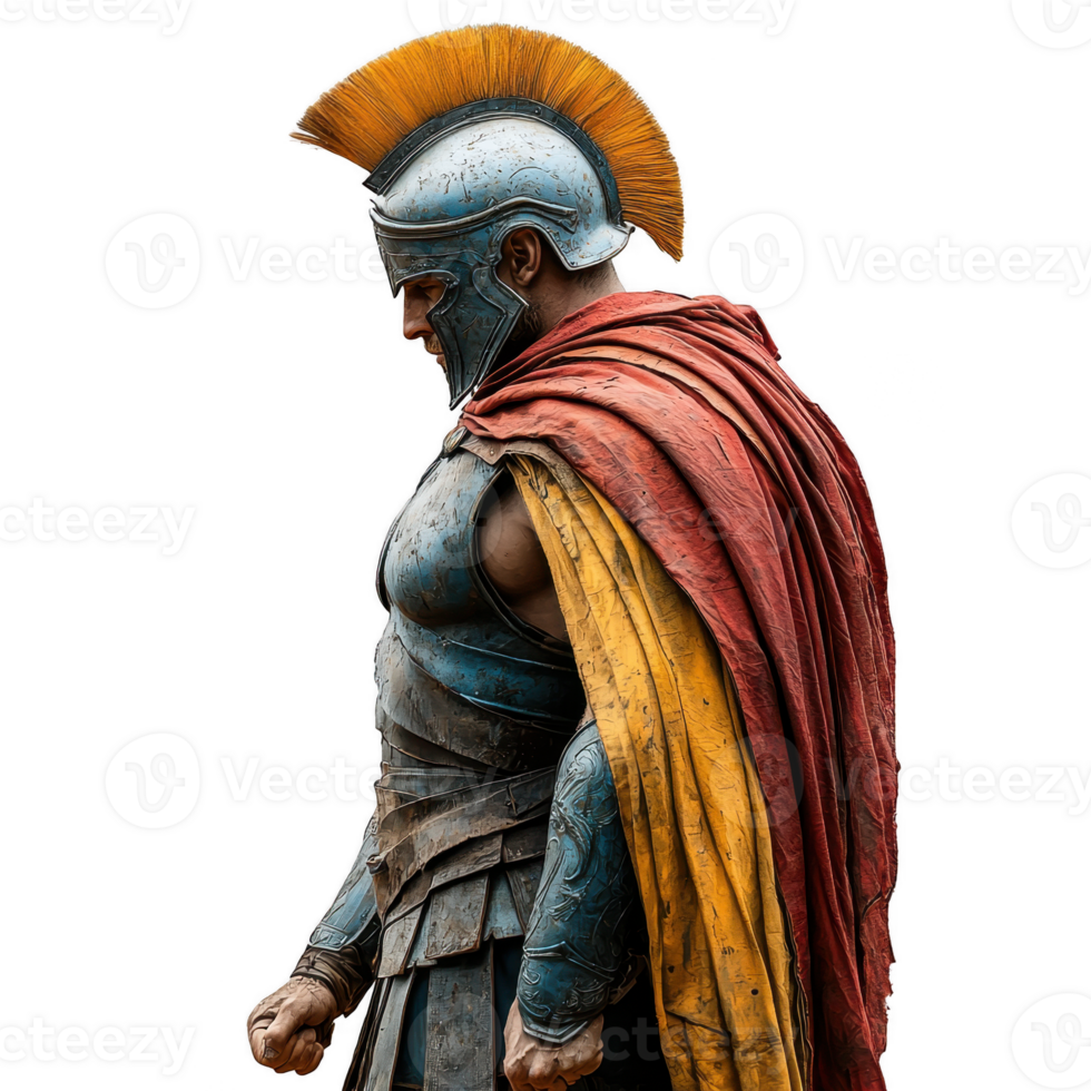 warrior in ancient armor stands with determined expression, wearing helmet with crest and red and yellow cape. detailed armor and historical attire suggest scene from ancient times png