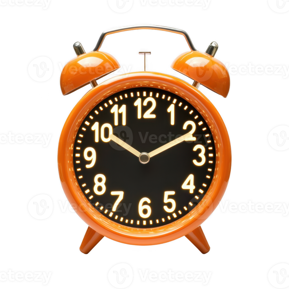 orange retro style alarm clock with black face and white numbers, showing time at 1010. clock features twin bells on top and classic design, evoking sense of nostalgia png