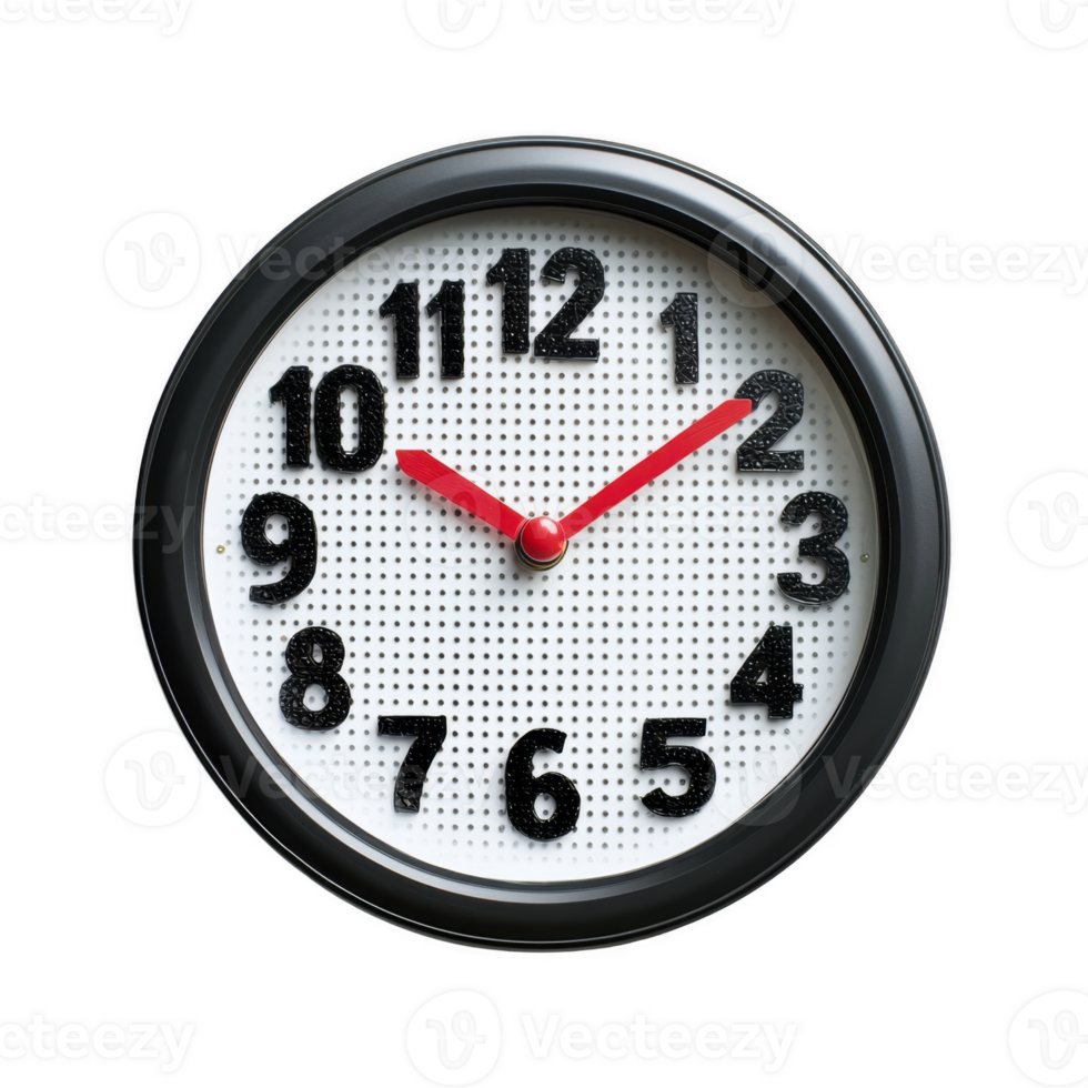 round wall clock with black frame, white face, and bold black numbers, featuring red hour and minute hands. clock displays modern design with perforated background png