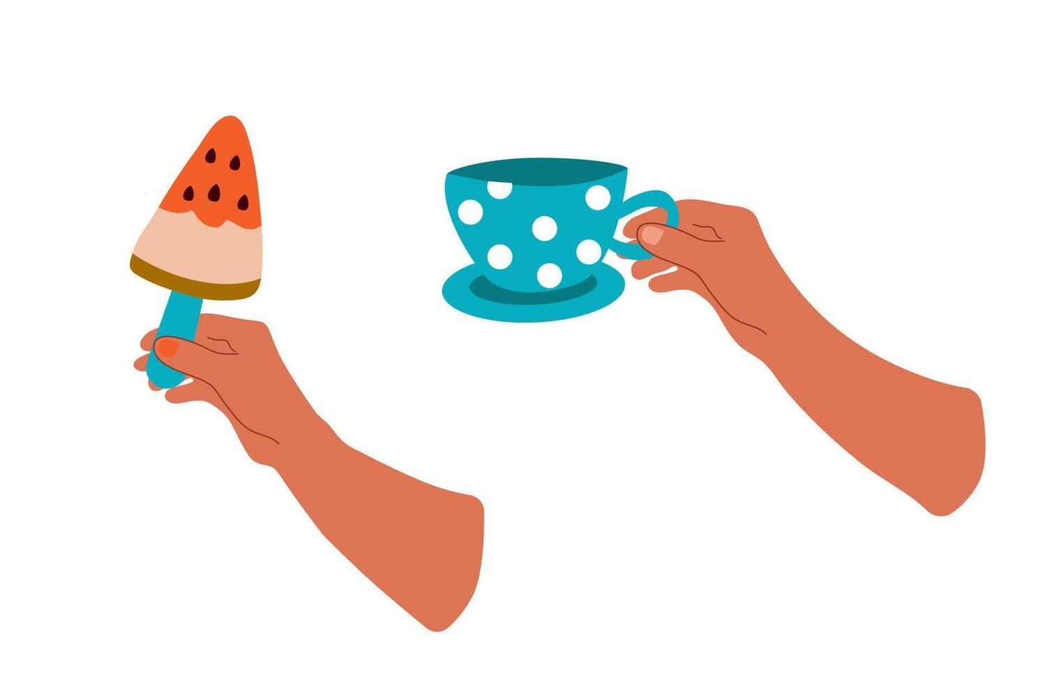 Hands holding ice cream and a teacup. vector