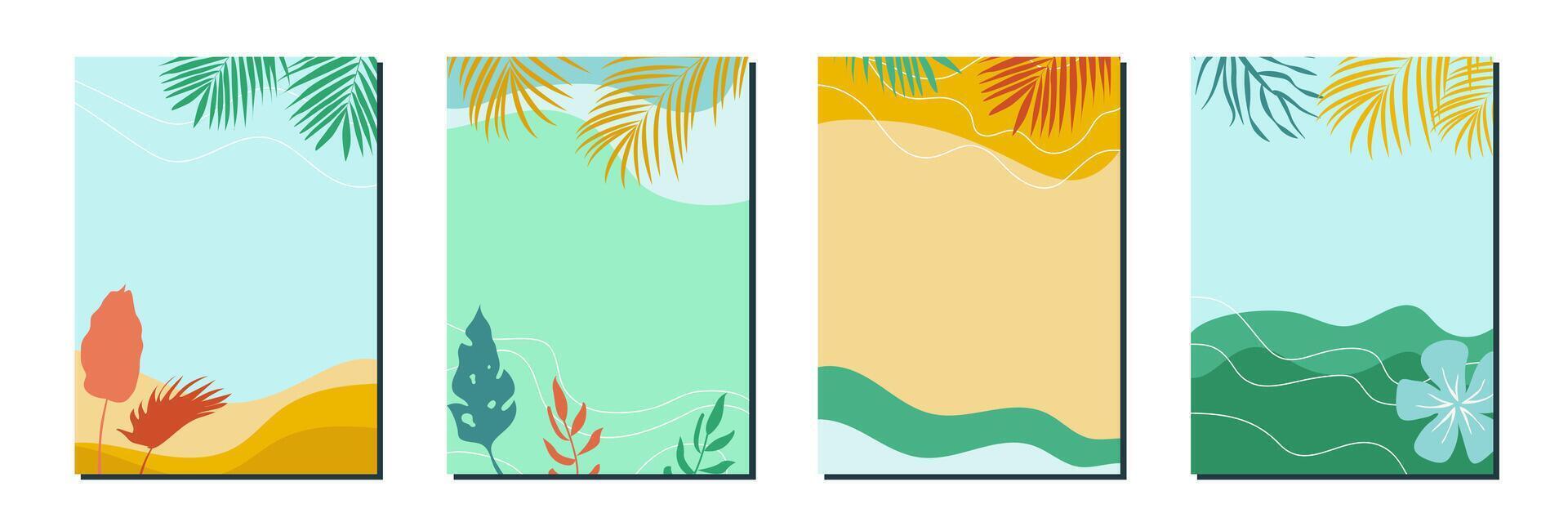 Set of colorful summer backgrounds with tropical leaves and waves. vector