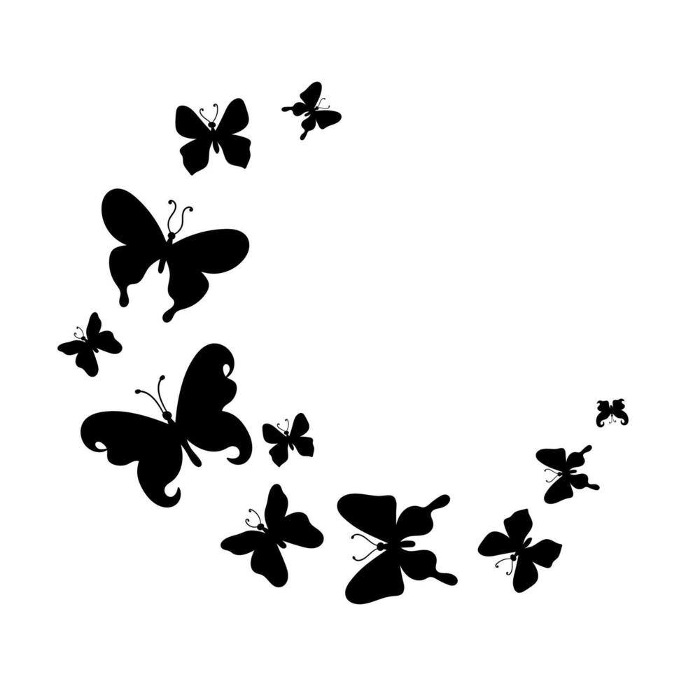 Minimalist Butterfly Silhouette in a Circle Formation. Scattered butterfly silhouettes in elegant semi circle design for banners, print design, packaging, posters. vector