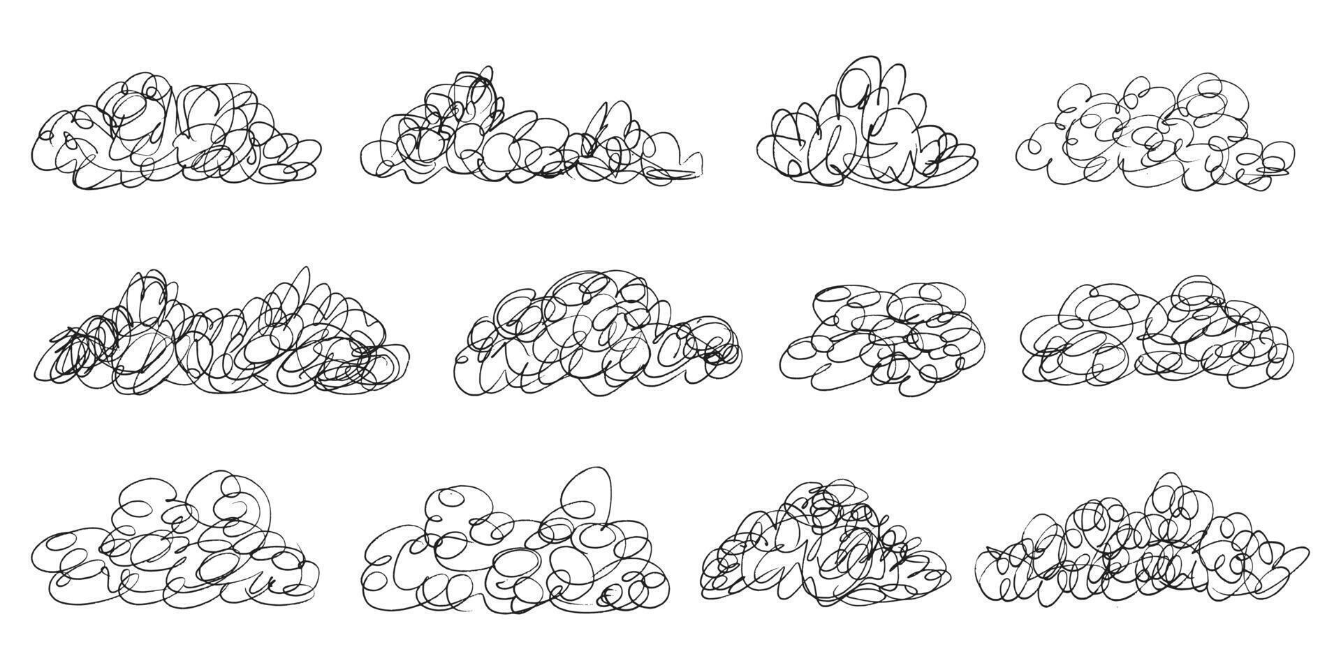 Messy lines clouds set. Tangled chaotic crazy lines clouds collection. Scribble and doodle clouds. Scrawl messy lines forming clouds sketches. One line cloud set vector