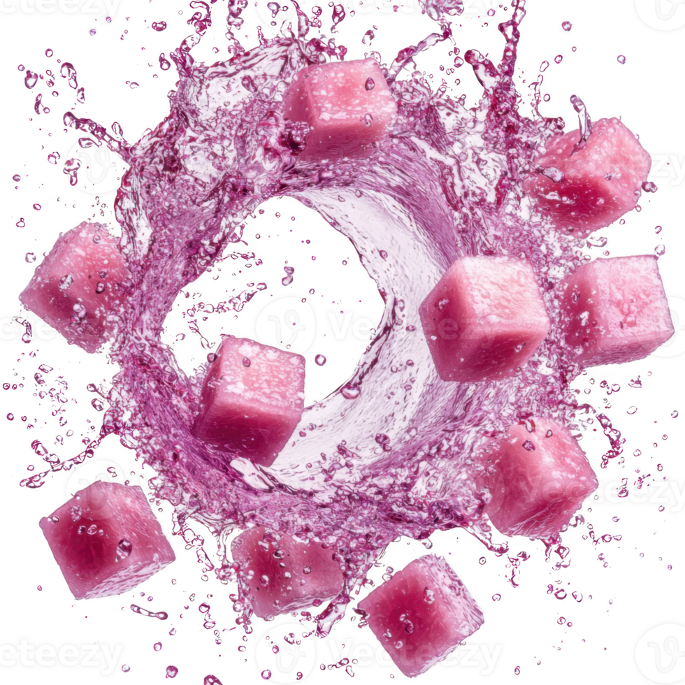 Pink liquid splashes around floating pink cubes, creating dynamic and vibrant scene. motion and color contrast highlight freshness and energy of composition png