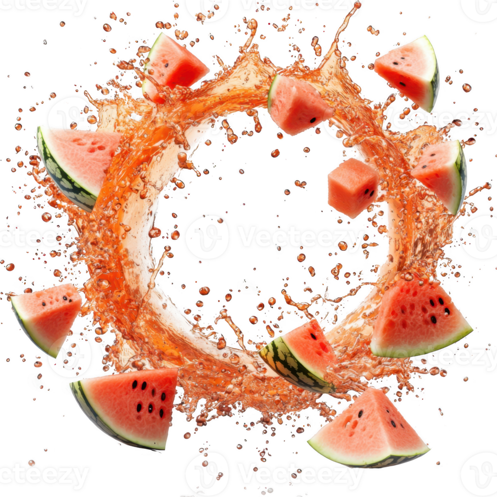 Slices and cubes of watermelon are dynamically arranged circular splash of juice, creating refreshing and vibrant scene. juicy red and green colors contrast against clear liquid, evoking sense of png