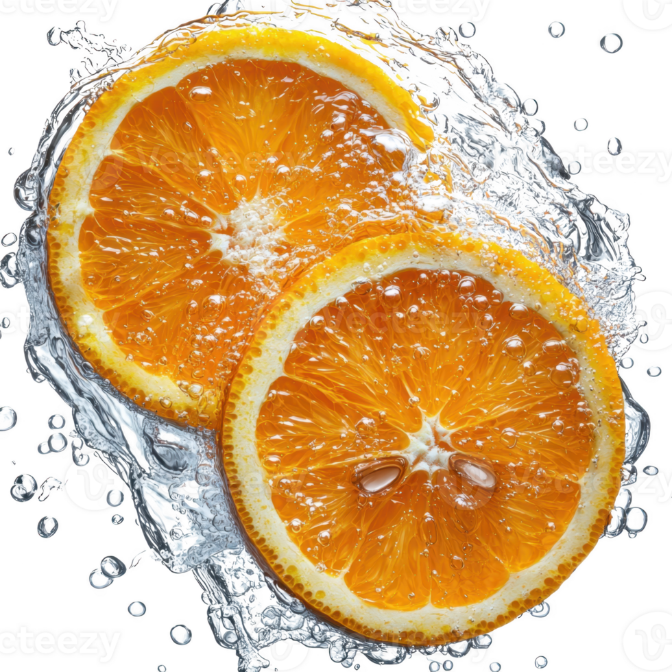 Fresh orange slices with water splashes, showcasing vibrant citrus and refreshing appeal png