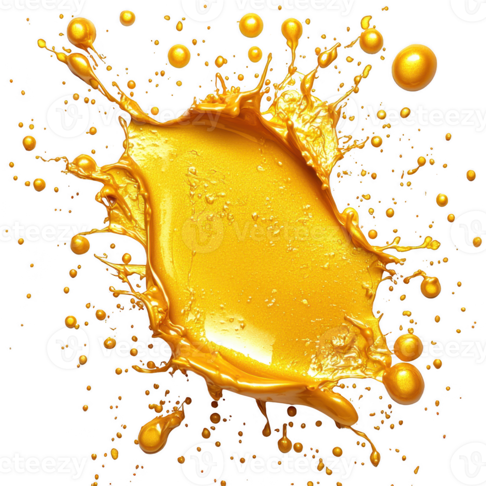 vibrant splash of golden liquid creates energetic and dynamic visual effect, with droplets radiating outward captivating pattern. glossy texture and rich color add sense of luxury and movement to png