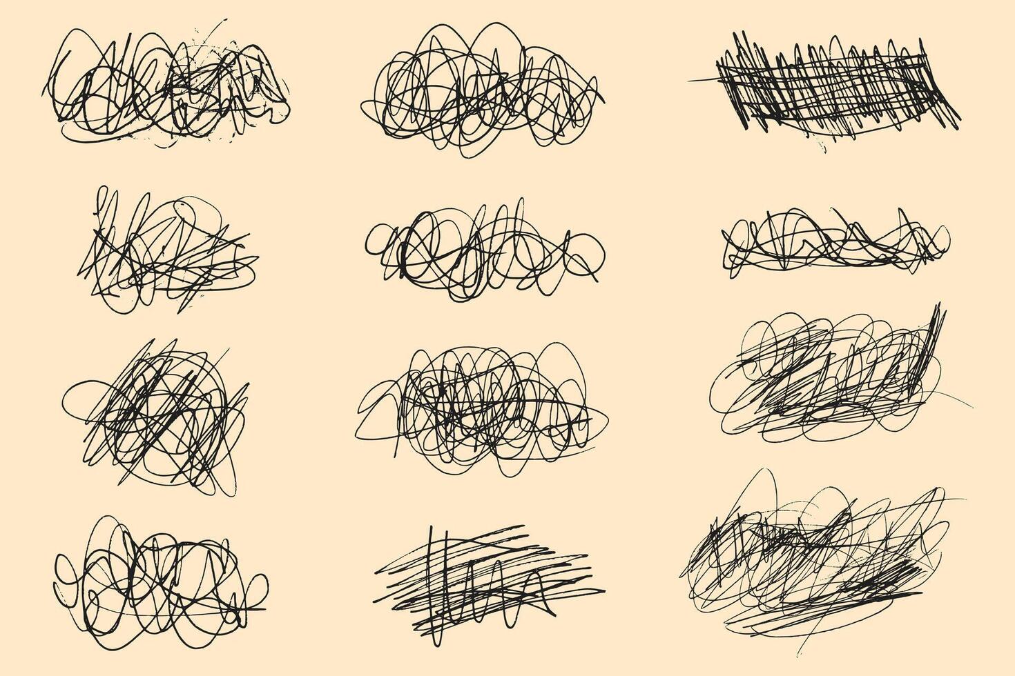 Tangled chaotic crazy lines set. Random chaotic scribble lines collection on yellow background. Scrawl messy lines, expressive linework sketches. vector