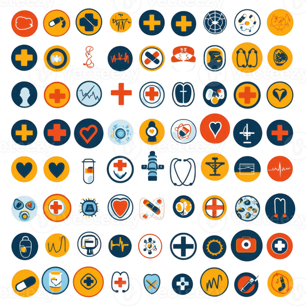 collection of colorful medical icons featuring symbols like hearts, crosses, and stethoscopes, representing various healthcare themes. icons are circular and use palette of blue, orange, and red png