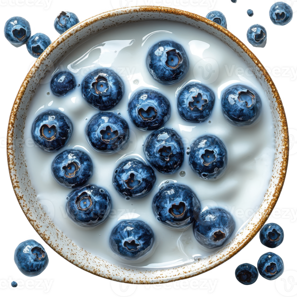 bowl of fresh blueberries floating in creamy milk, creating delicious and healthy snack. vibrant blue of berries contrasts with smooth white milk, offering visually appealing treat png