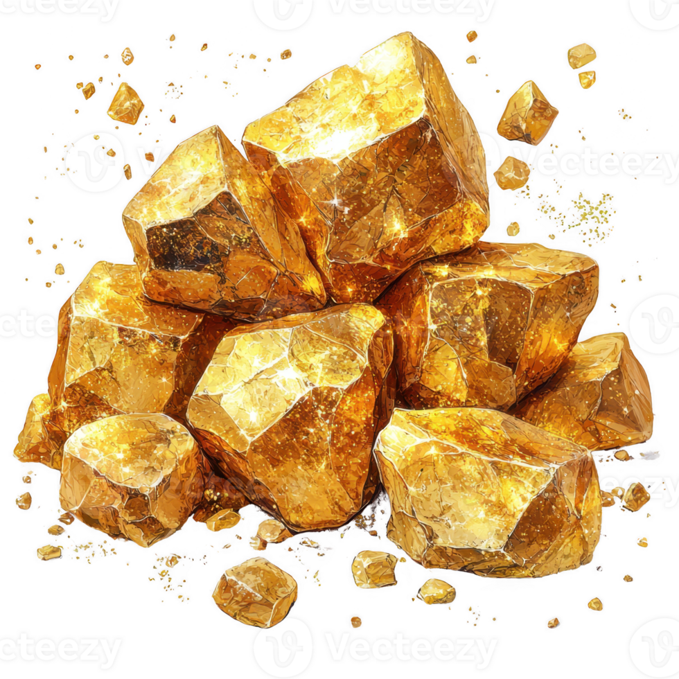 Golden nuggets with shiny, textured surface are scattered in pile, reflecting light. image captures rich, metallic luster and intricate details of gold pieces, evoking sense of wealth and luxury png