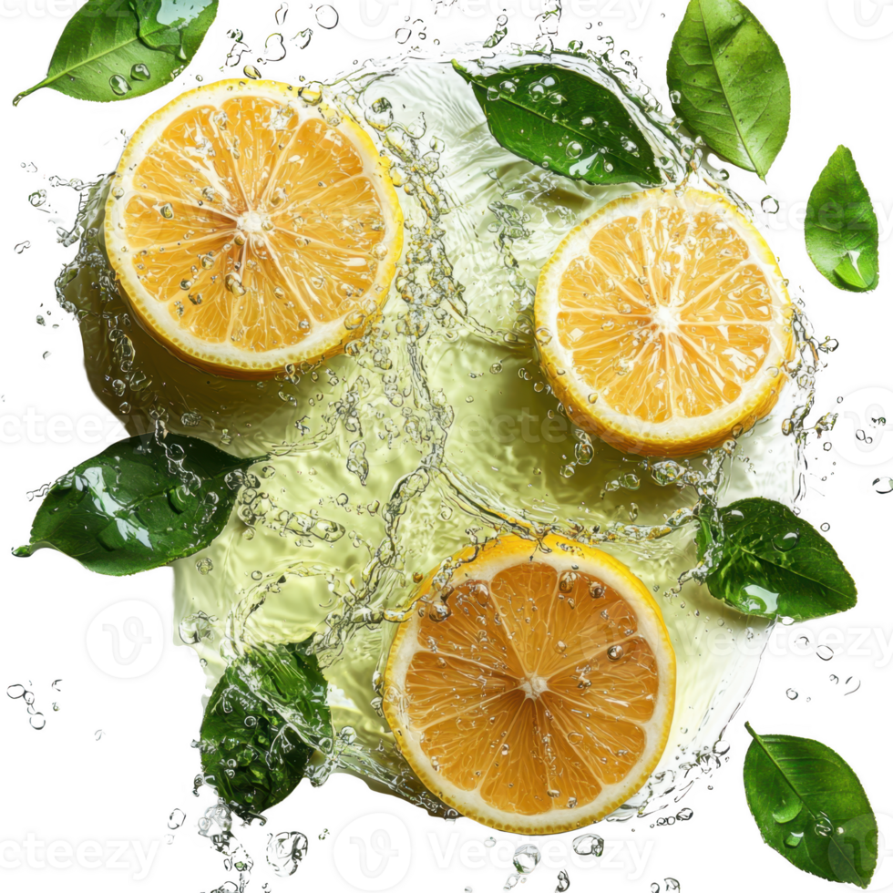 Slices of fresh lemon with green leaves splashing in water, creating refreshing and vibrant scene. citrus fruits are surrounded by droplets, emphasizing freshness and vitality png