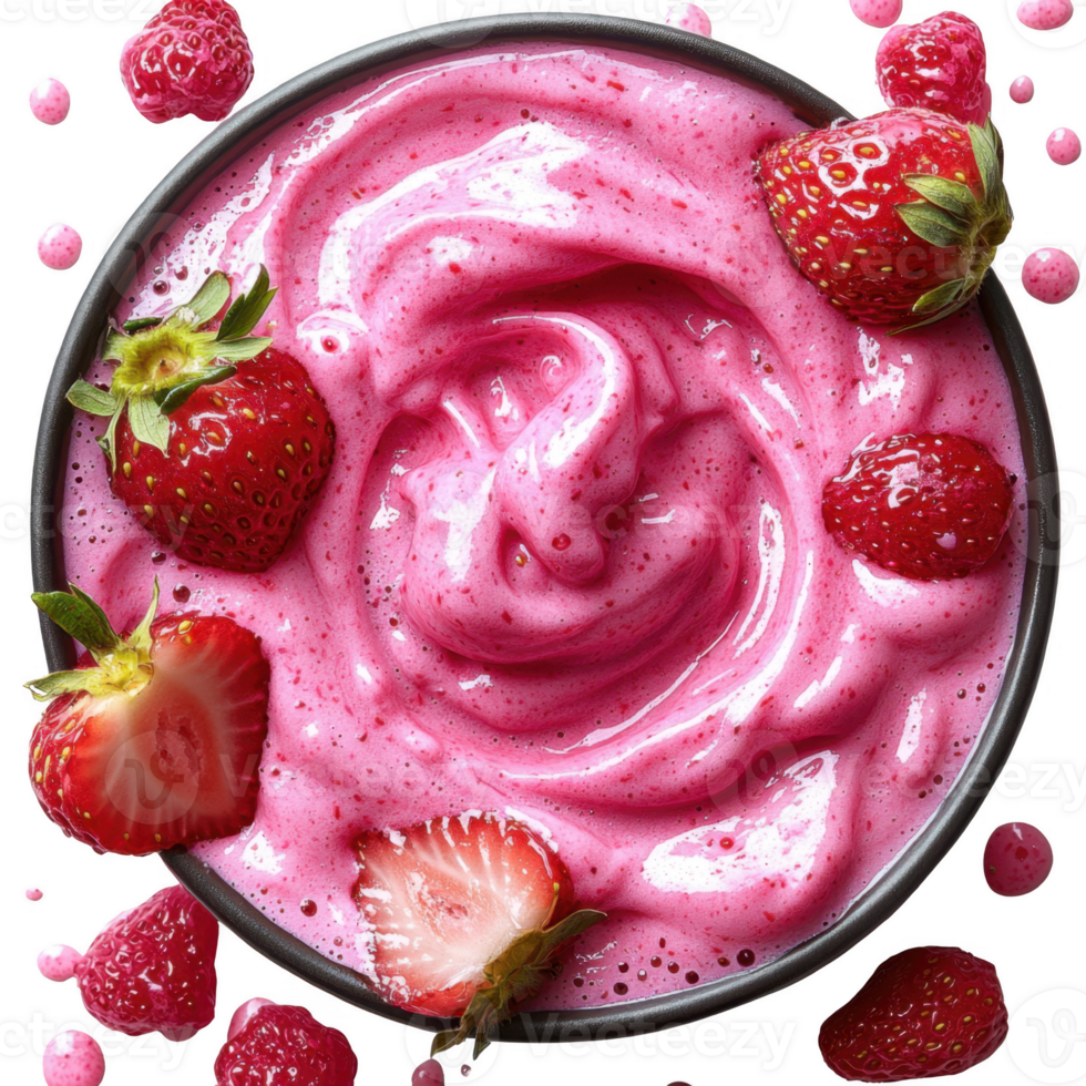 bowl of creamy pink strawberry yogurt topped with fresh strawberries, creating vibrant and appetizing presentation. smooth texture and rich color make it enticing treat png
