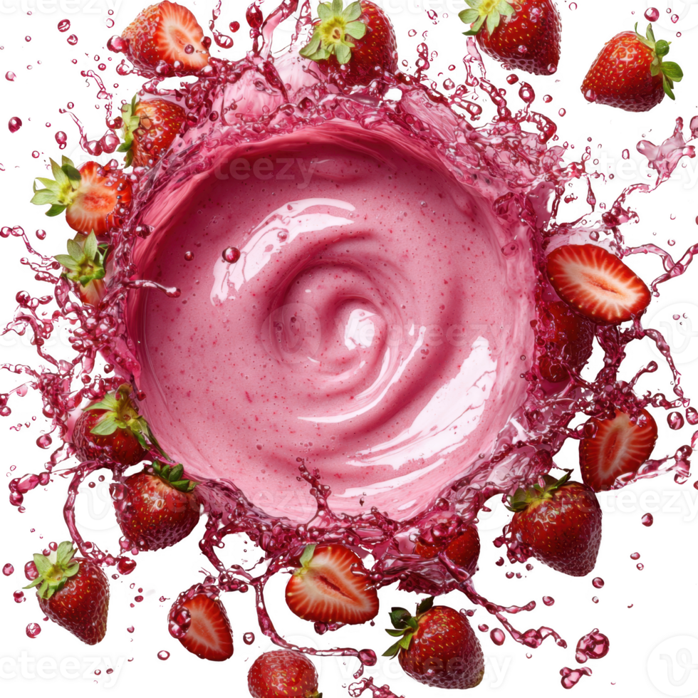 swirl of creamy strawberry yogurt surrounded by fresh strawberries and splashes of juice creates vibrant and appetizing scene png