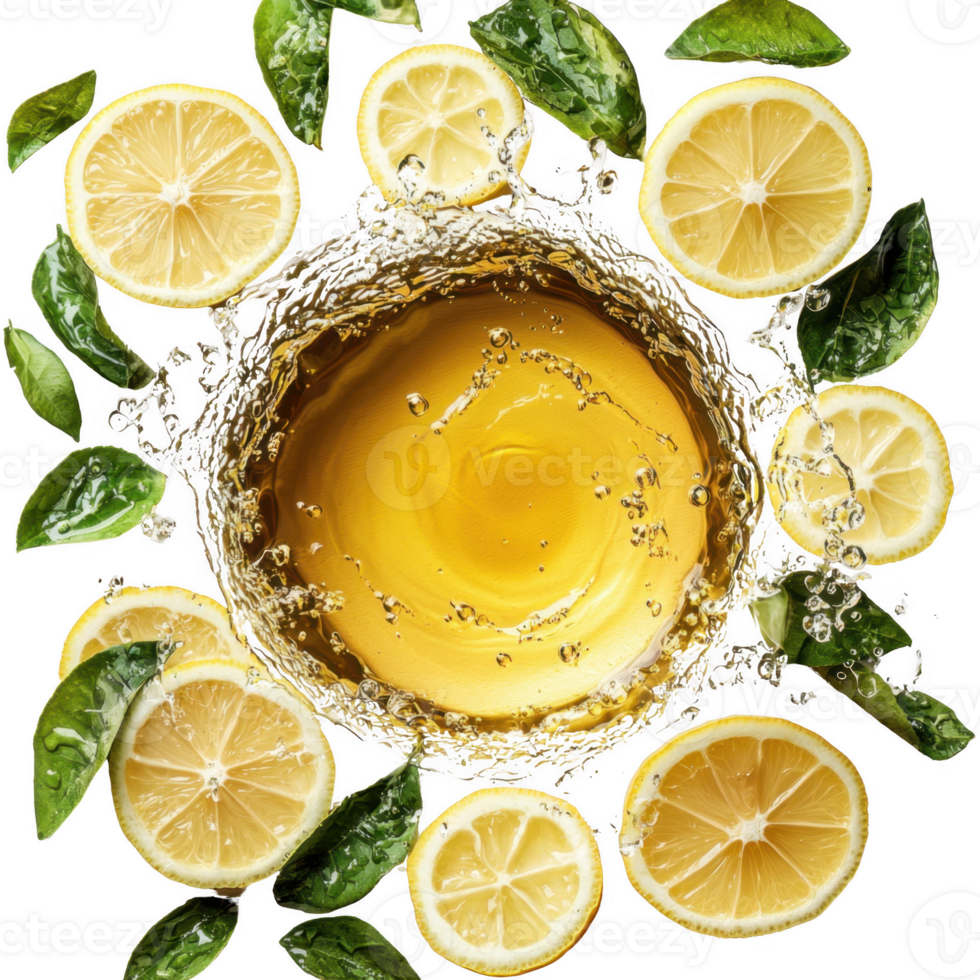 Slices of fresh lemon and green leaves surround splash of golden liquid, creating vibrant and refreshing composition. dynamic motion and bright colors evoke sense of freshness and vitality png