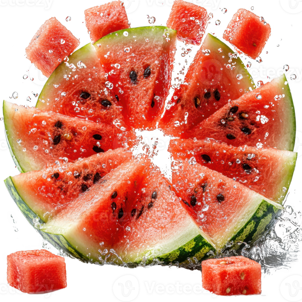 Slices of juicy watermelon with water droplets, surrounded by watermelon cubes, create refreshing and vibrant summer scene png