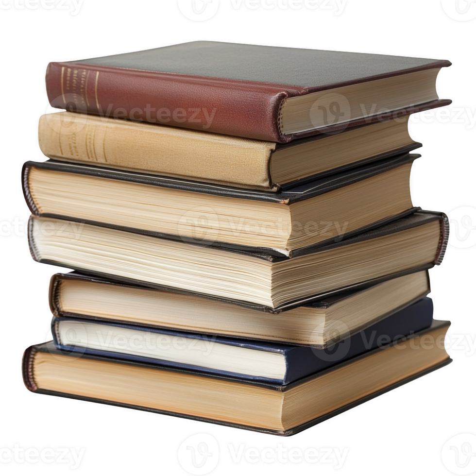 stack of various hardcover books with different colored covers and visible pages png