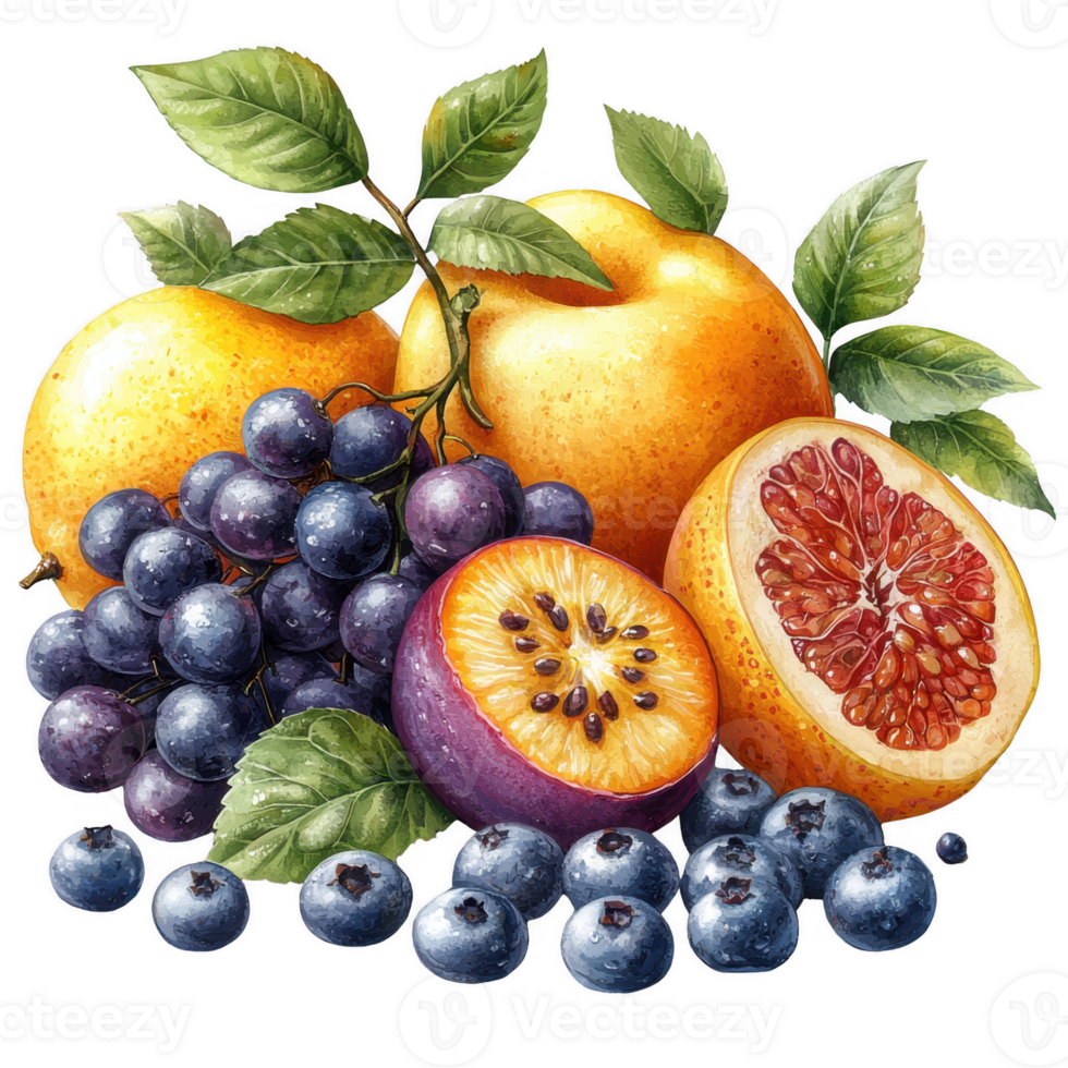 vibrant assortment of fruits including oranges, grapes, blueberries, and halved passion fruit with leaves. composition showcases fresh and colorful nature of fruits png