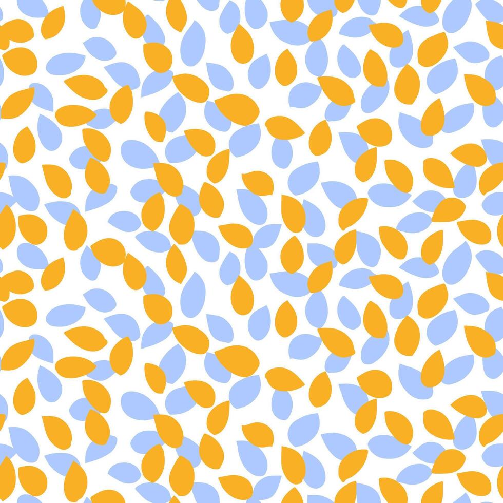 Seamless pattern with abstract blue and yellow petal like shapes on a white background. Modern and dynamic, simple ornament print for textiles, wallpapers, wrapping, fashion prints, vector