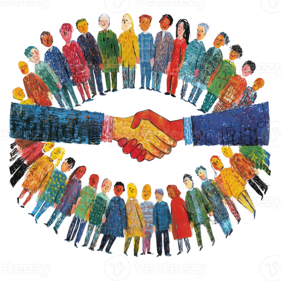 diverse group of people standing in circle around handshake, symbolizing unity and cooperation. colorful illustration highlights community and teamwork png