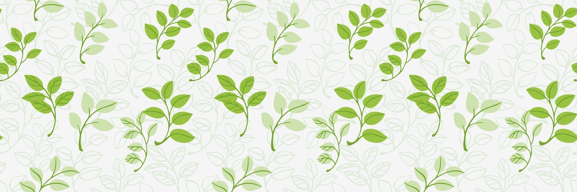 Seamless pattern showcasing delicate branches with green leaves on a white background. Print ornament for fabrics, stationery, home decor, and digital designs with a nature-inspired theme vector