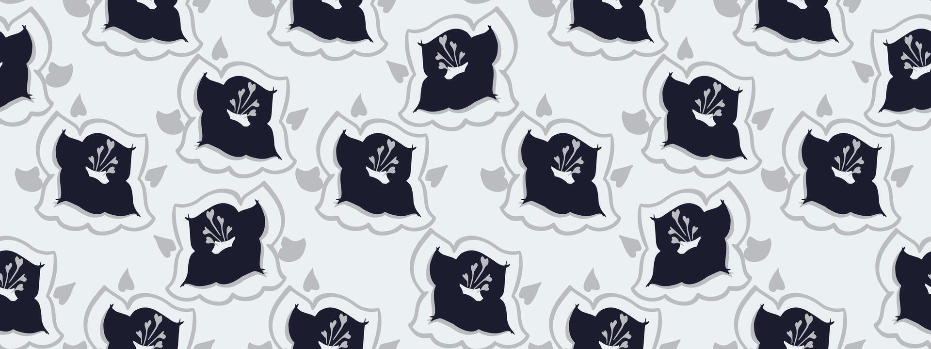 Seamless abstract floral pattern featuring black flowers with details on a grey background. A playful, modern design ideal for textiles, wrapping paper, and decor projects, print vector