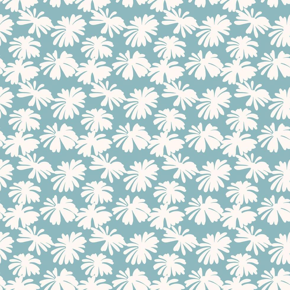 Seamless floral pattern with white tropical flower silhouettes on a turquoise background. Ideal for fabric design, wallpapers, wrapping paper, and digital backgrounds. Feminine and exotic modern. vector