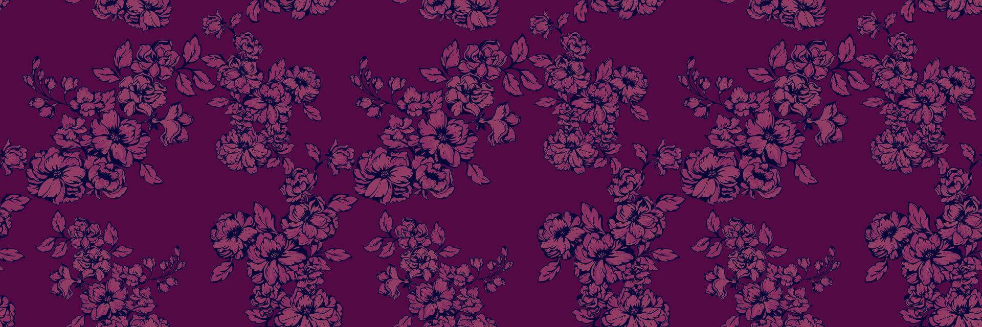 Seamless floral pattern featuring delicate flower clusters with fine details on a burgundy background. Perfect for textile design, fashion prints, wallpapers, and elegant decor projects. vector